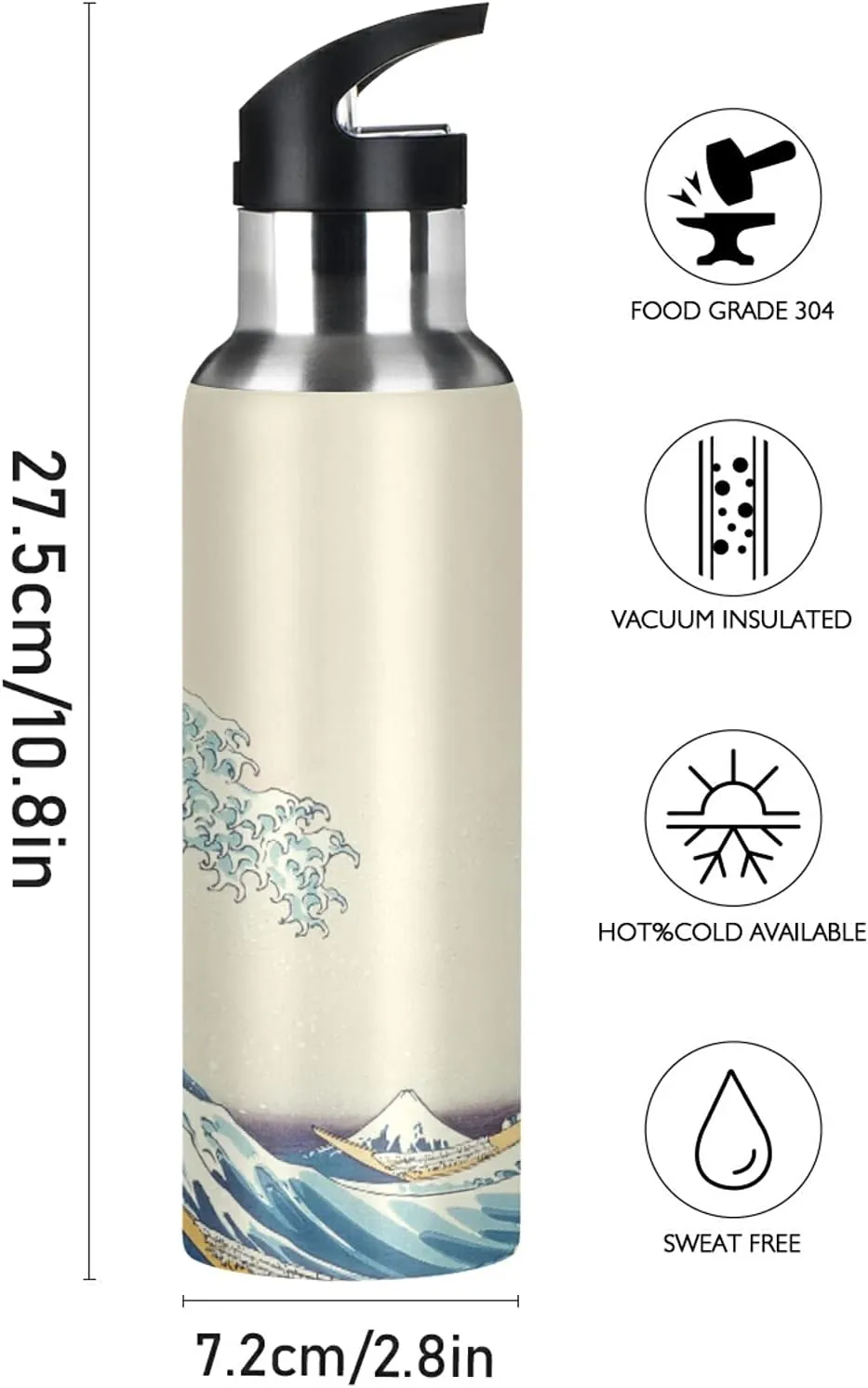 ATTX Wave Art Hokusai Water Bottle with Straw, 22OZ Sports Water Bottle BPA Free Stainless Steel Water Jugs for Gym,Working, Outdoor