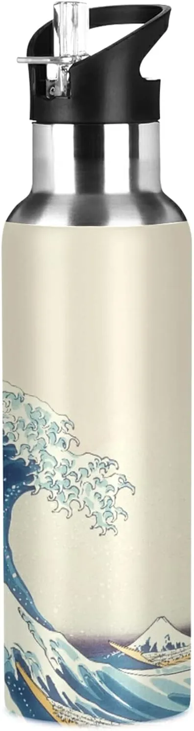 ATTX Wave Art Hokusai Water Bottle with Straw, 22OZ Sports Water Bottle BPA Free Stainless Steel Water Jugs for Gym,Working, Outdoor