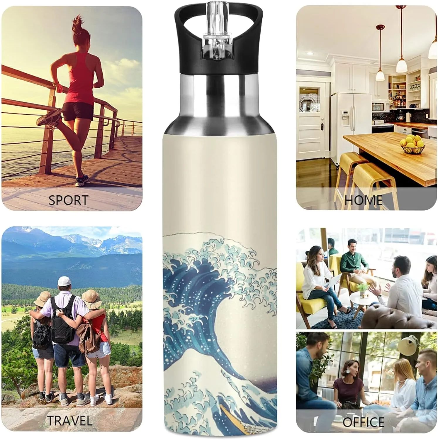ATTX Wave Art Hokusai Water Bottle with Straw, 22OZ Sports Water Bottle BPA Free Stainless Steel Water Jugs for Gym,Working, Outdoor