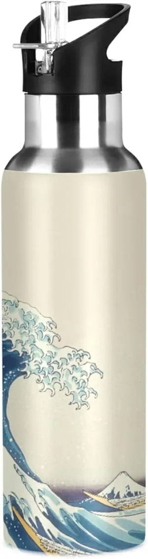 ATTX Wave Art Hokusai Water Bottle with Straw, 22OZ Sports Water Bottle BPA Free Stainless Steel Water Jugs for Gym,Working, Outdoor