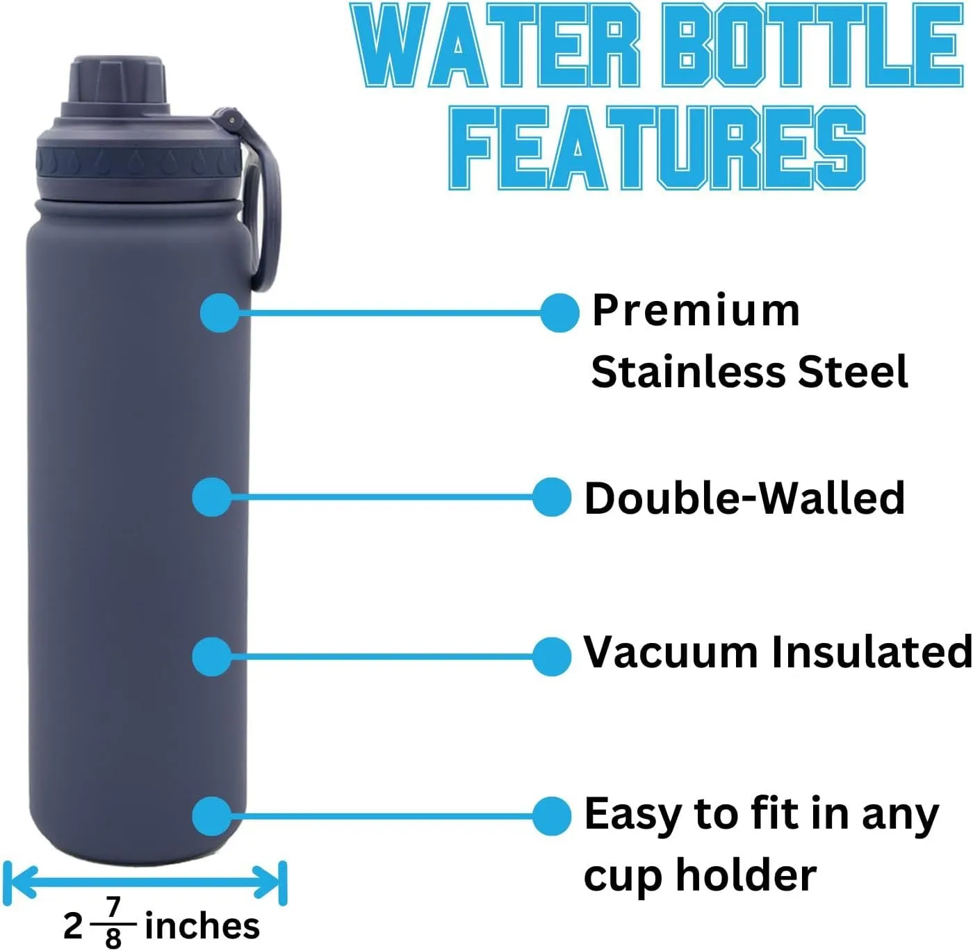 Auburn Water Bottle - Navy Blue Double Walled Stainless Steel 24 oz Keeps Drinks Cold or Hot