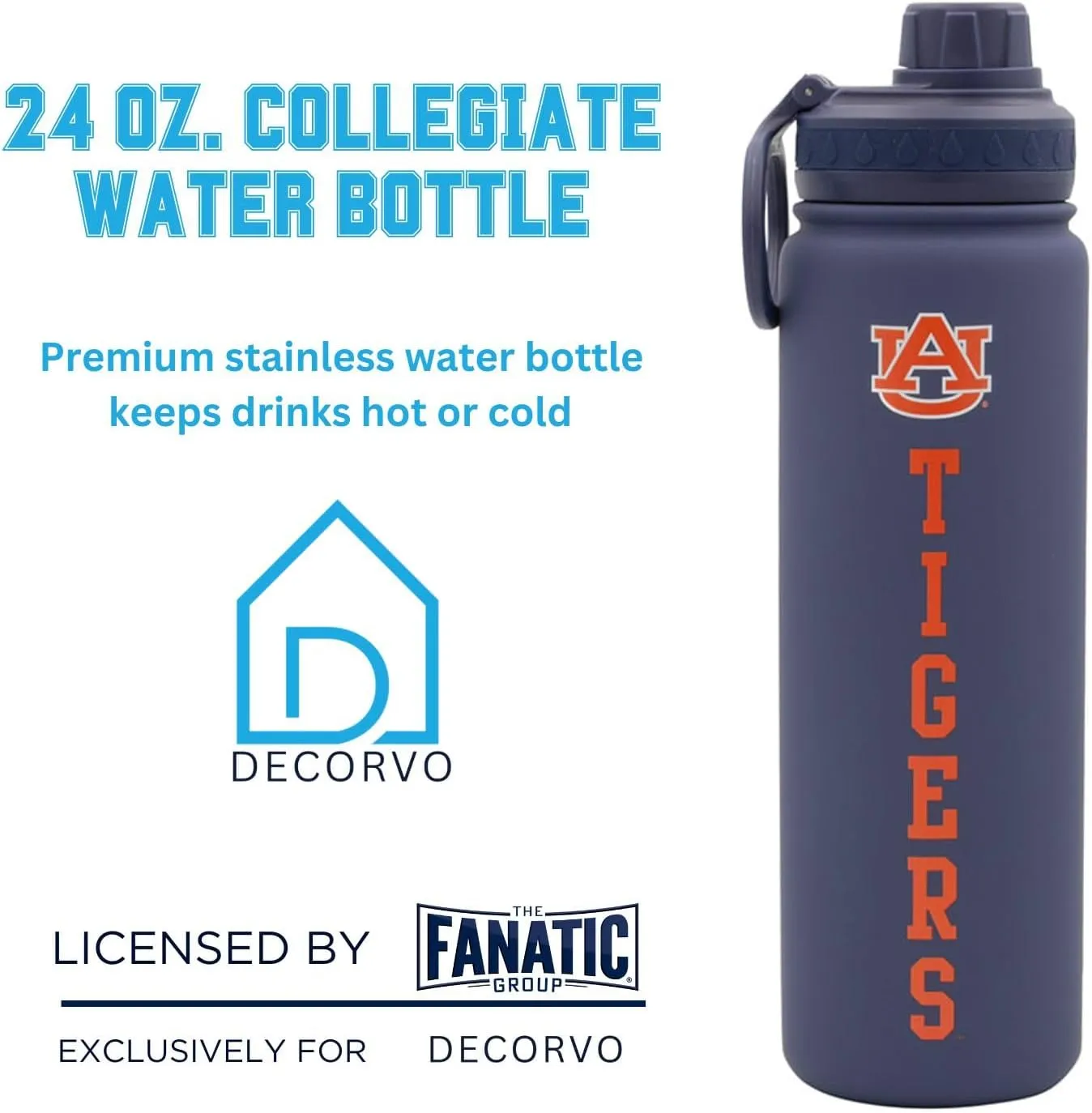 Auburn Water Bottle - Navy Blue Double Walled Stainless Steel 24 oz Keeps Drinks Cold or Hot
