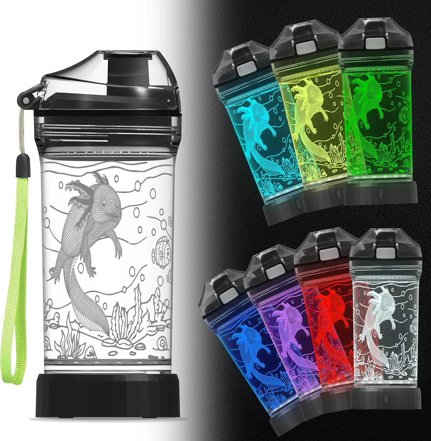 Axolotl Kids Water Bottle with 3D Glowing LED Light - 14 OZ Tritan BPA Free - Creative Ideal Travel Cup Gift for School Kid Boy Child Gamer Holiday Camping Picnic