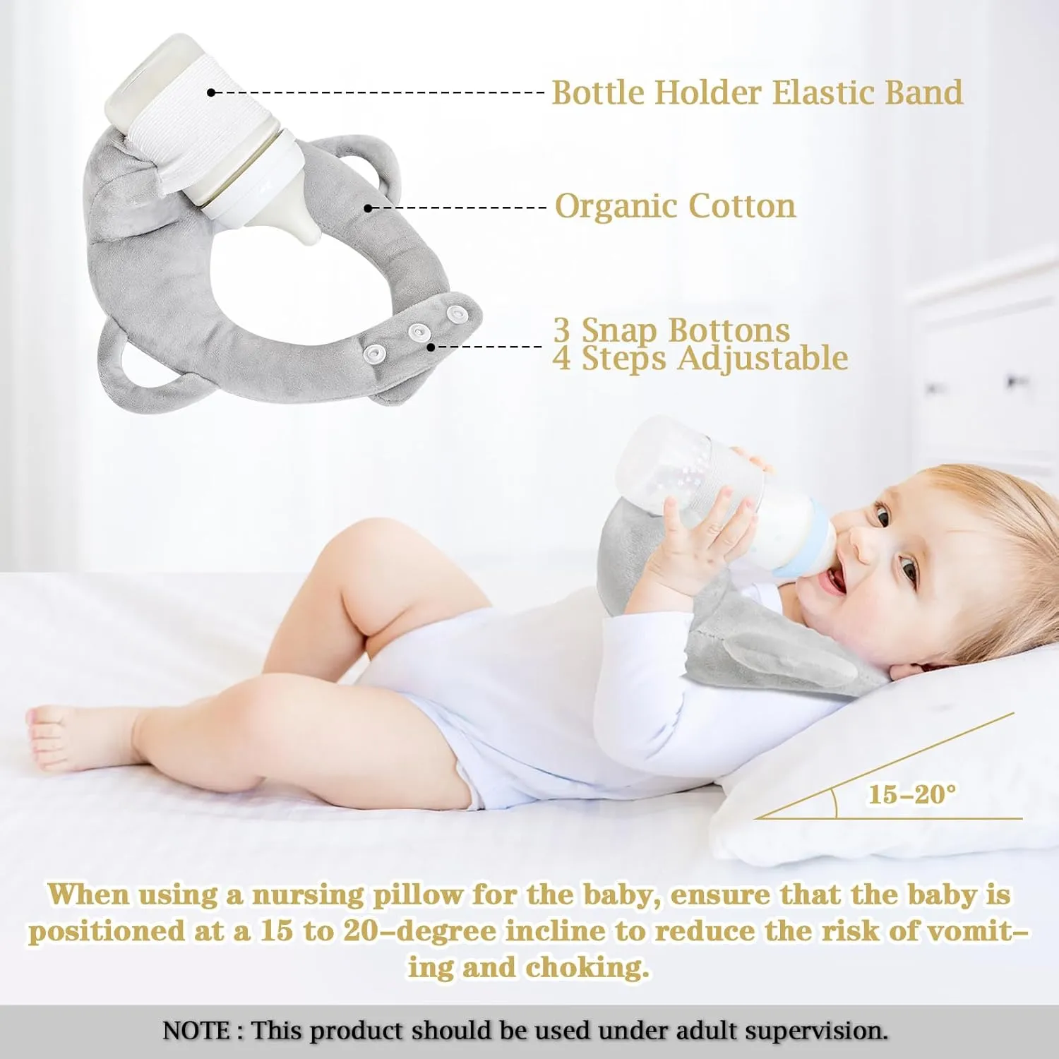 Baby Bottle Holder,Adjustable Nursing Pillow Support,Twin Feeding Pillow Bottle Holder,Newborn Essentials, Baby Essentials(Grey