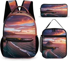 Backpack Lunch Bag Pencil Pouch Set, Hawaiian Sunset Print Lightweight & Durable 3-Piece Combo Ideal for Work, And Travel