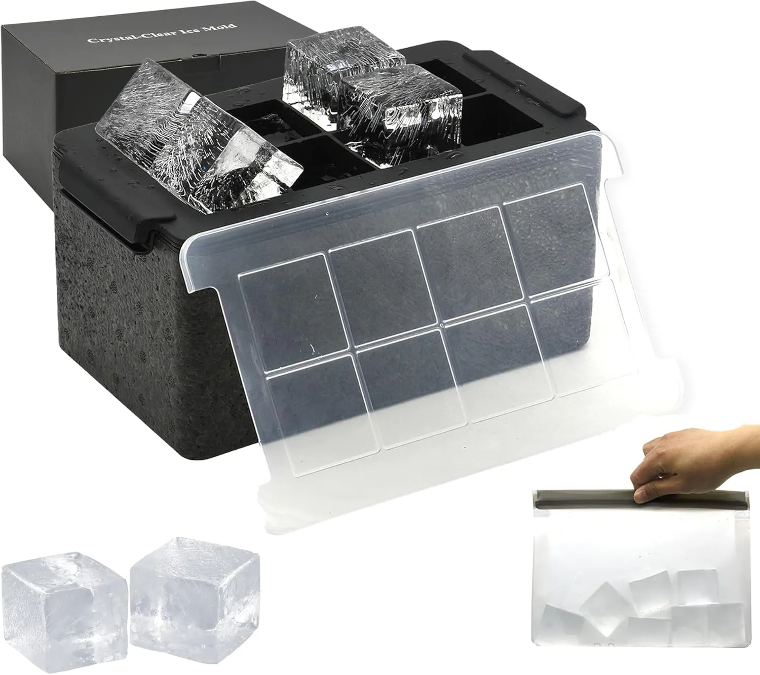 Bangp Clear Ice Maker - Silicone Mold Makes 8 Clear Square Ice Cubes for Whiskey & Cocktails - Includes Reusable Storage Bag