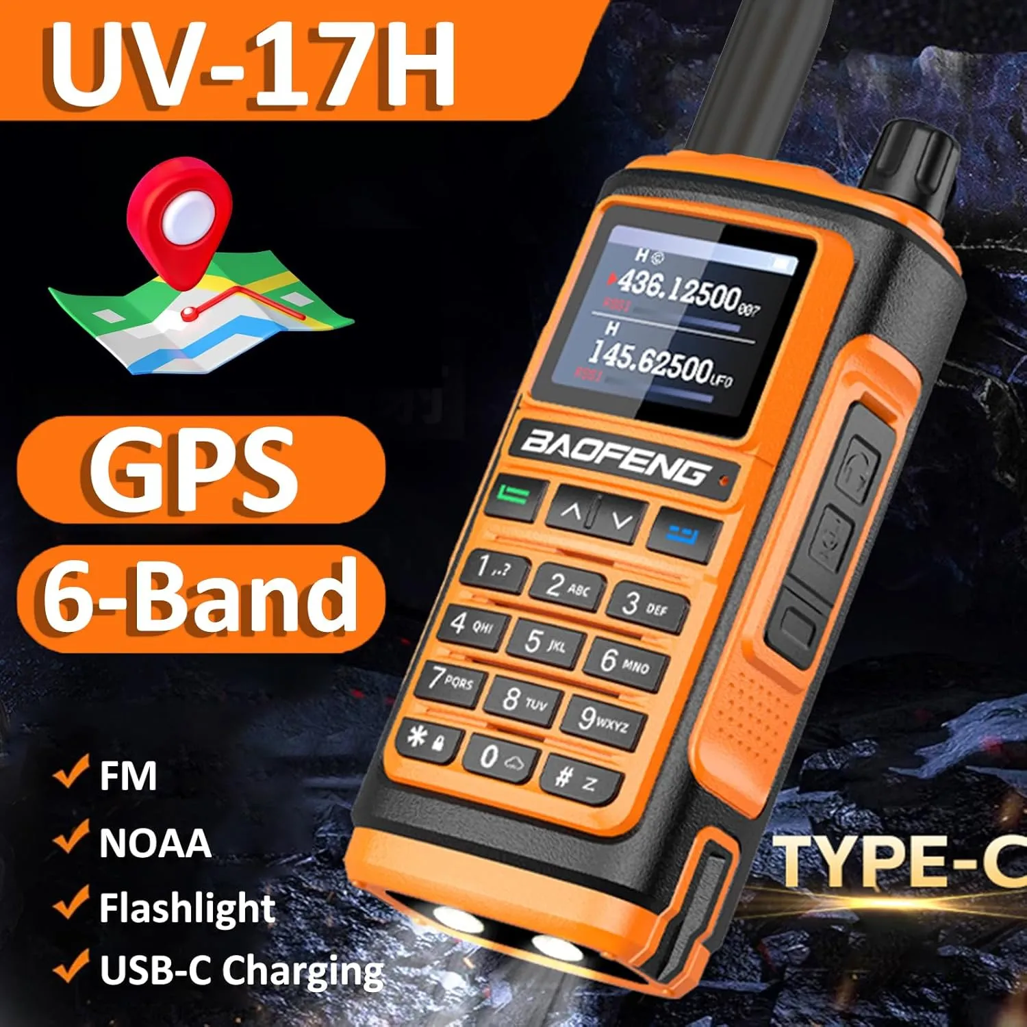 BAOFENG UV-17H GPS Radio High Power UV-17 Pro Max 999 Channels Two Way Radio Long Range USB-C Charger Upgrade of UV-17R Walkie Talkie (Orange)
