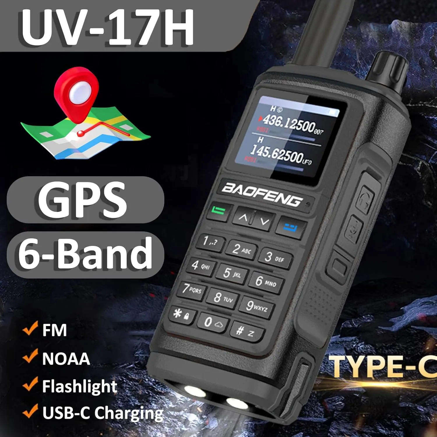 BAOFENG UV-17H GPS Two Way Radio Type-C Charging High Power Radio UV-17 Pro Max GPS 1.77in LCD Screen Rechargable Ham Radio (Black)