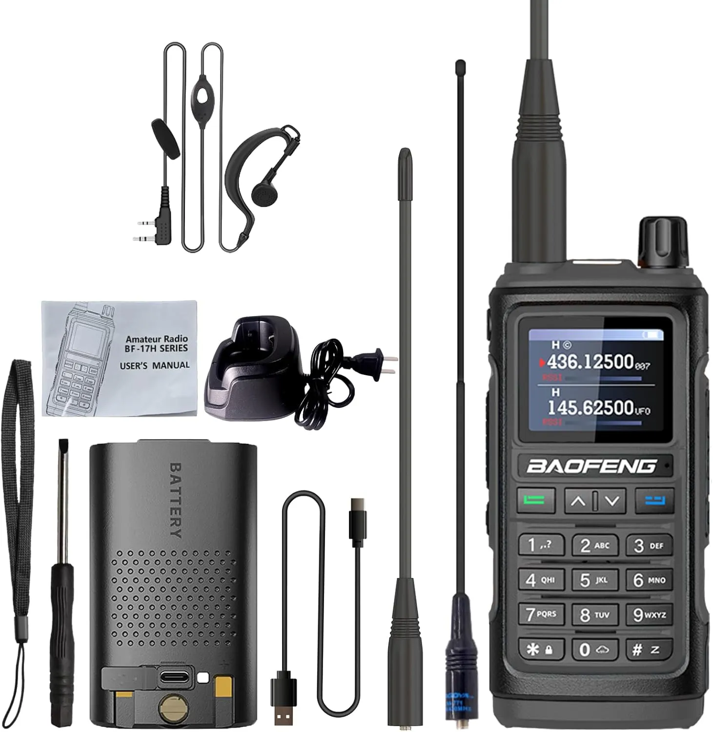BAOFENG UV-17H GPS Two Way Radio Type-C Charging High Power Radio UV-17 Pro Max GPS 1.77in LCD Screen Rechargable Ham Radio (Black)