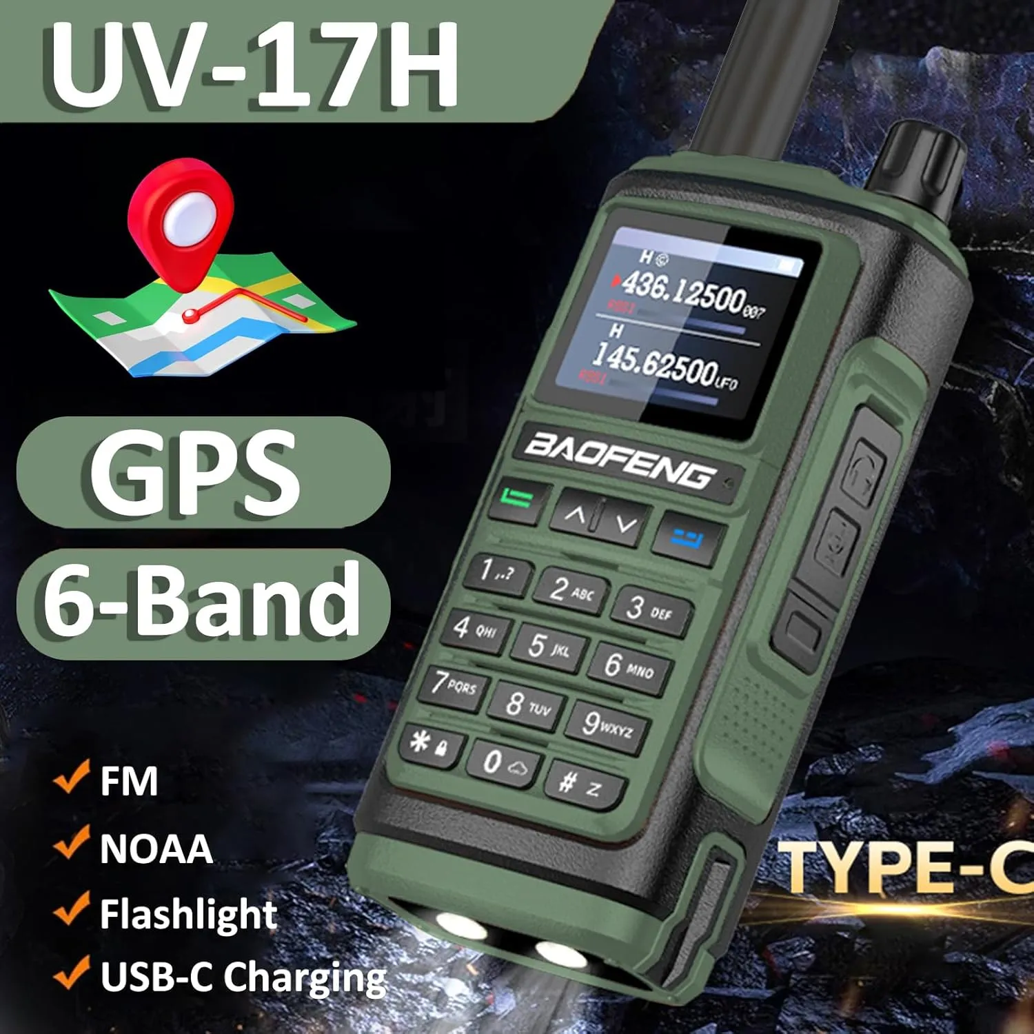 BAOFENG UV-17H GPS Two Way Radio Type-C Charging High Power Radio UV-17 Pro Max GPS 1.77in LCD Screen Rechargable Ham Radio (Green)
