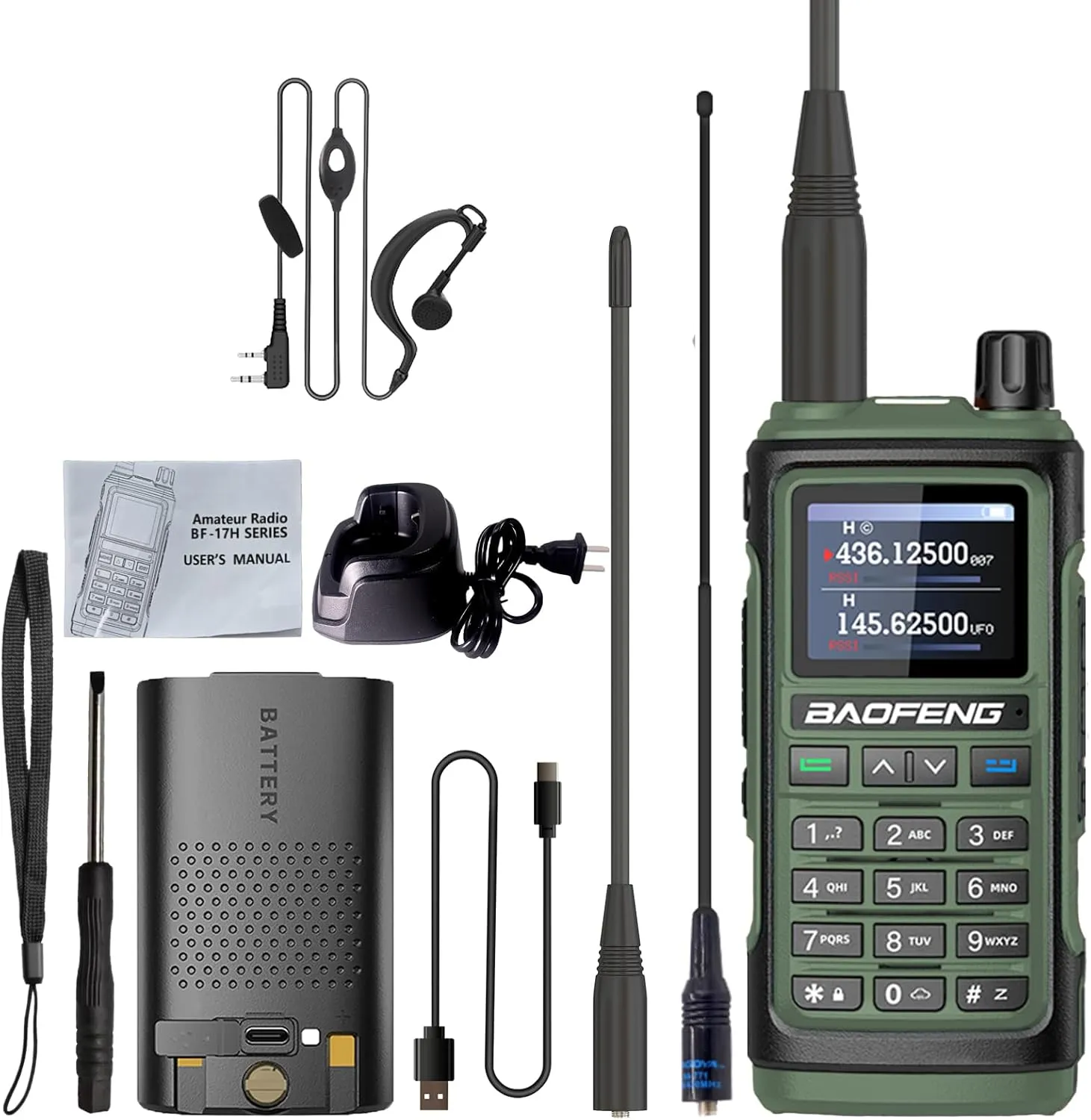 BAOFENG UV-17H GPS Two Way Radio Type-C Charging High Power Radio UV-17 Pro Max GPS 1.77in LCD Screen Rechargable Ham Radio (Green)