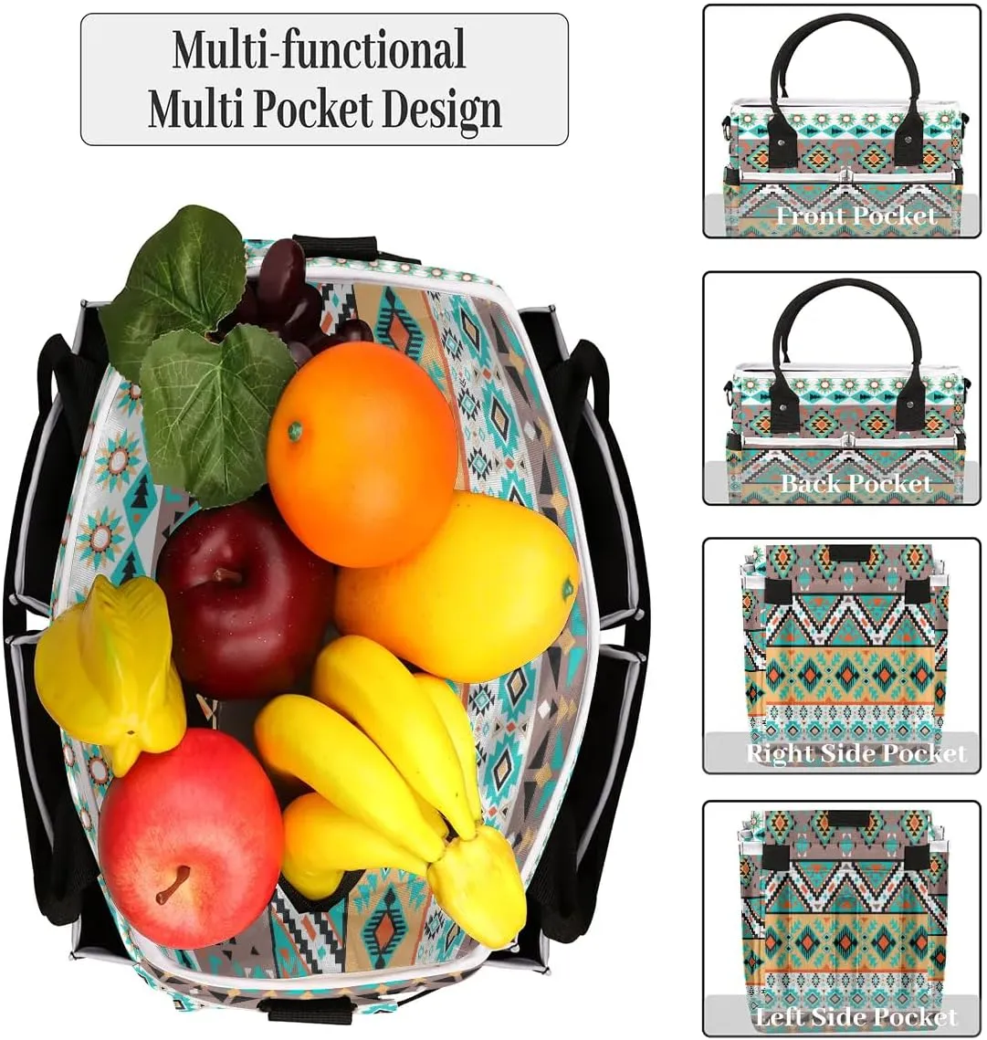 Bardic Green Aztec Lunch Bag Large Lunch Tote Bag, Leakproof Reusable Insulated Lunch Box Organizer for Work School Picnic Beach Hiking, Cooler Bag with Adjustable Shoulder Strap for Women Men