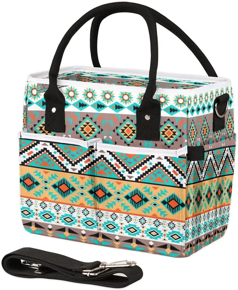 Bardic Green Aztec Lunch Bag Large Lunch Tote Bag, Leakproof Reusable Insulated Lunch Box Organizer for Work School Picnic Beach Hiking, Cooler Bag with Adjustable Shoulder Strap for Women Men
