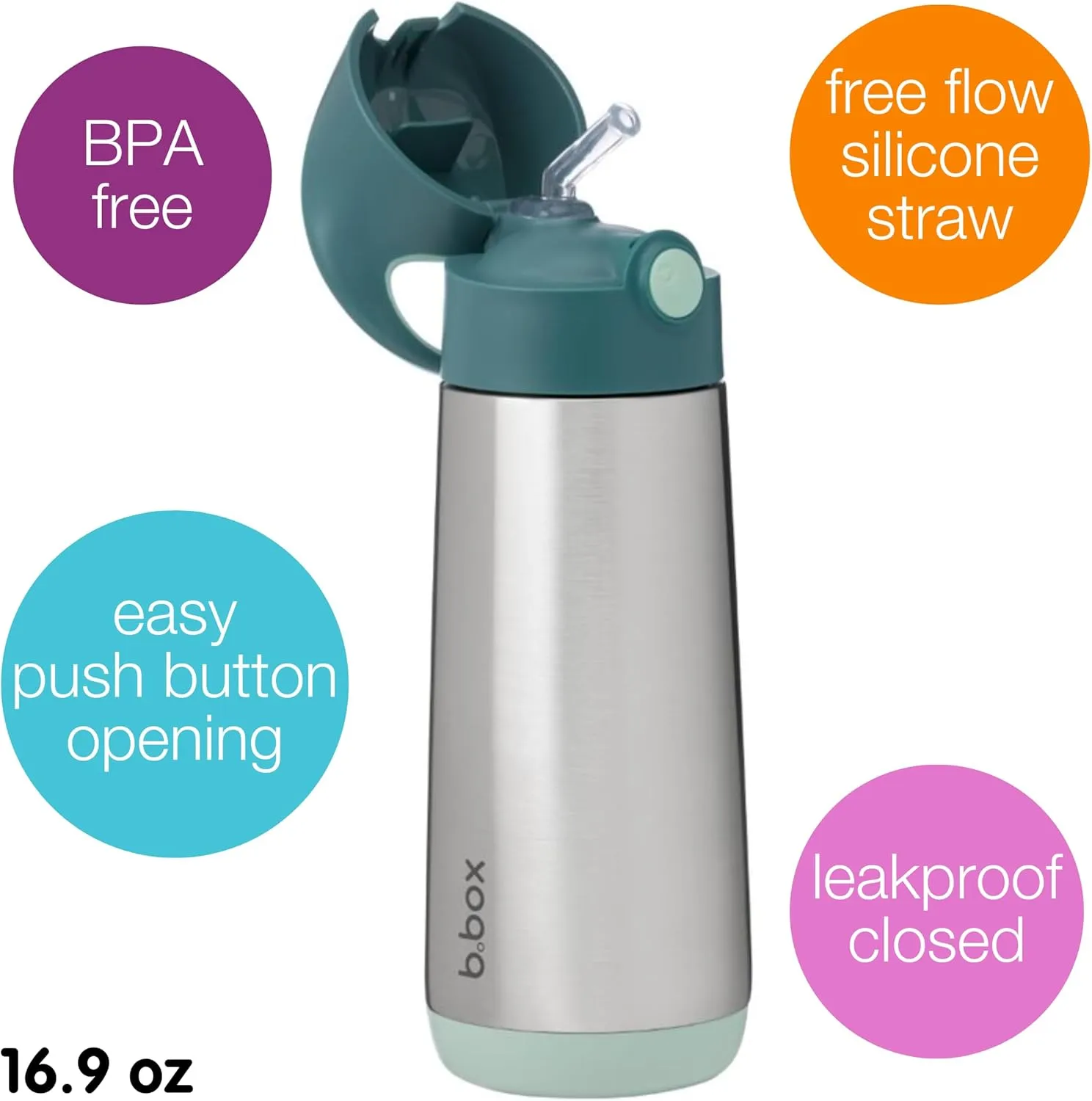 b.box 16.9 oz Insulated Water Bottle - Keeps Drinks Cold 15 Hours, Warm 8 Hours, Triple Wall Stainless Steel Kids Water Bottle w/Free Flow Silicone Straw, Leakproof & Dishwasher Safe