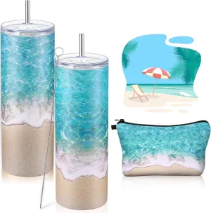 Beach Gifts for Women 20 oz Insulated Tumbler with Straw and Lid Summer Ocean Sunset Makeup Bag Cosmetic Bag with Zipper, Cruise Vacation Gift for Ocean Lover(Beach)