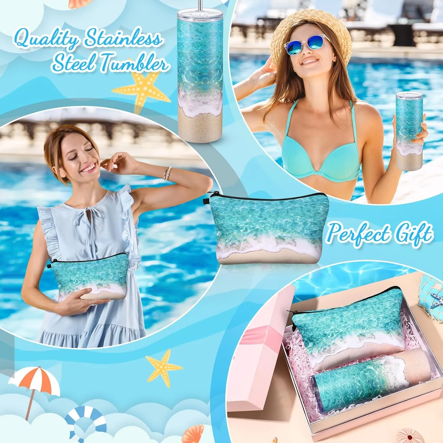 Beach Gifts for Women 20 oz Insulated Tumbler with Straw and Lid Summer Ocean Sunset Makeup Bag Cosmetic Bag with Zipper, Cruise Vacation Gift for Ocean Lover(Beach)