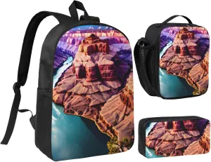 Beauty Grand Canyon print Backpack 3pcs Set Including 17 Inch Large BookBag With Lunch Bag And Practical Pen Bag