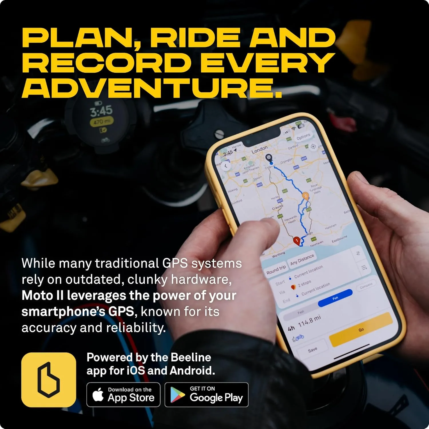 Beeline Moto II - Next Gen Motorcycle GPS Tracker | Compact Design, Waterproof Build, Simple Display & 14-Hour Battery |Glove Friendly Motorcycle Sat Nav Perfect for Adventure & Daily Commutes (Metal)