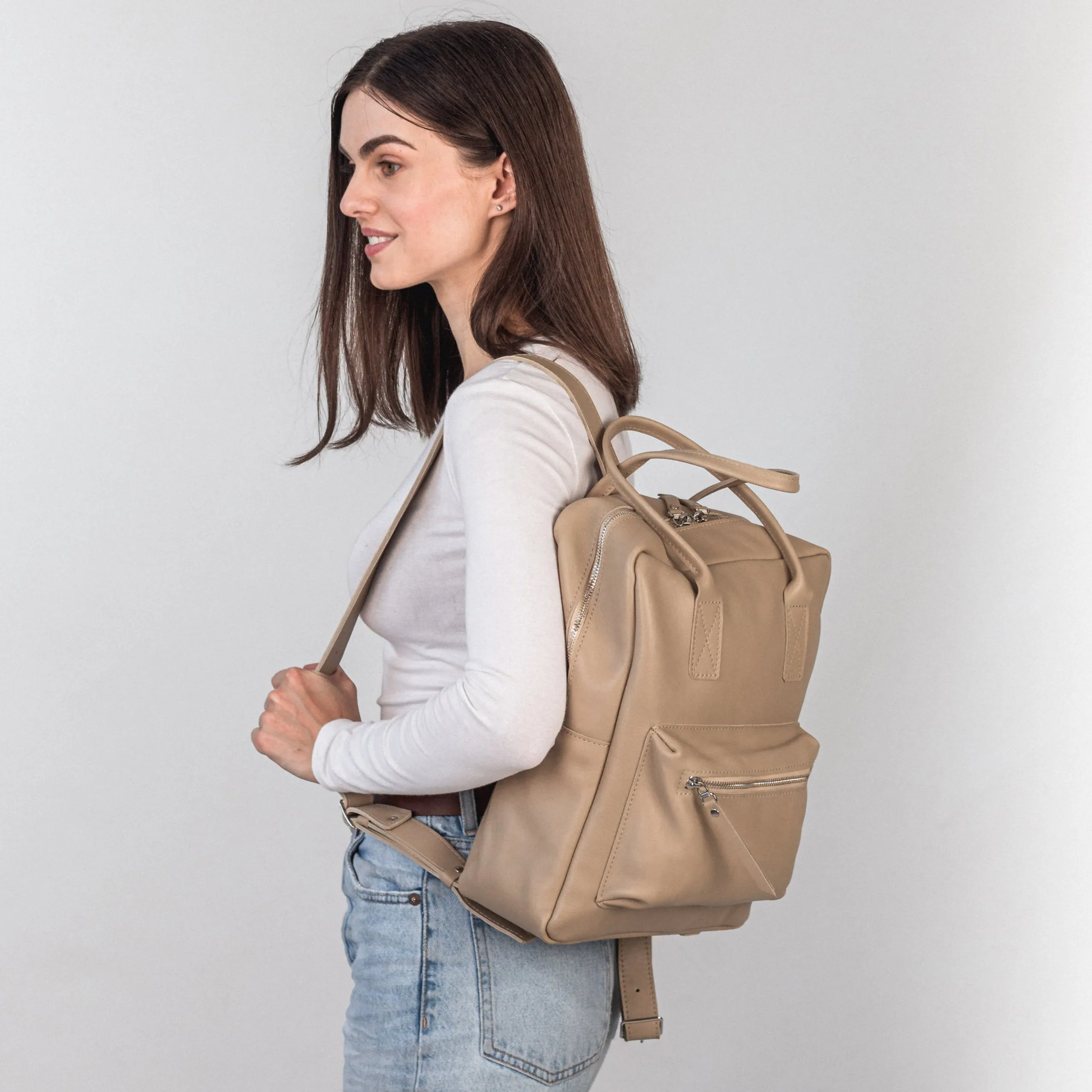 Beige pebbled  leather city backpack