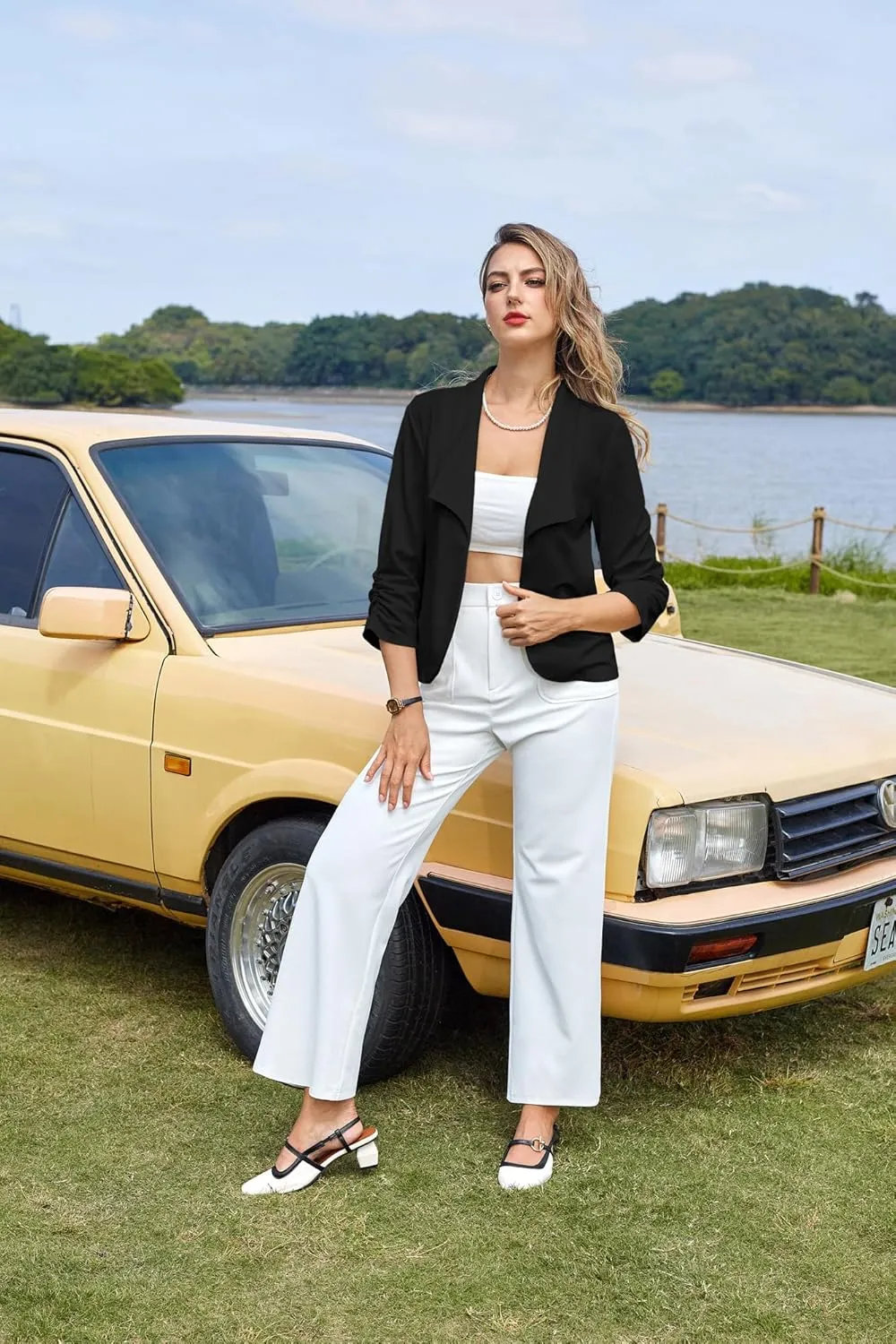 Belle Poque Womens Casual Blazers Open Front Lightweight Suit Jackets Business Dressy 3/4 Sleeve Blazers for Work
