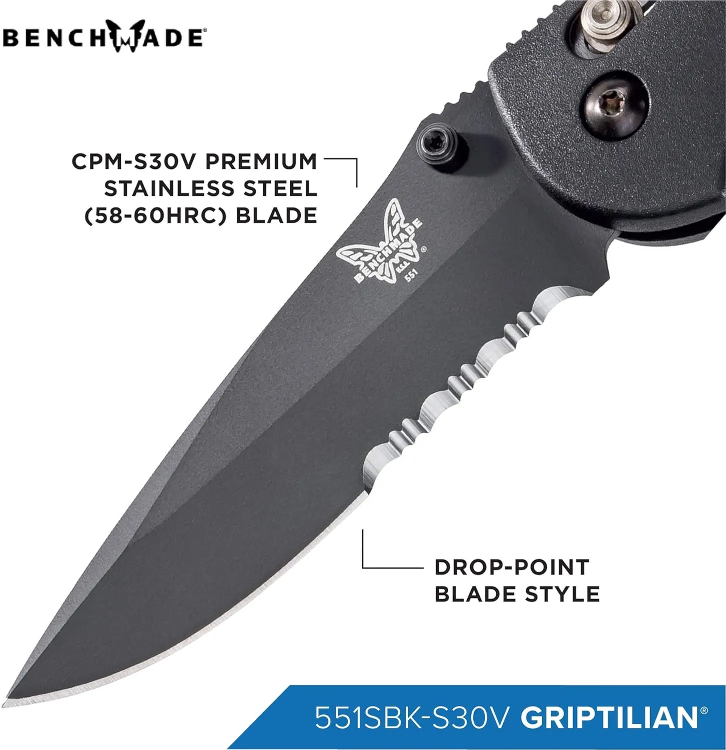 Benchmade - Griptilian 551SBK-S30V EDC Knife with Black Handle (551SBK-S30V)