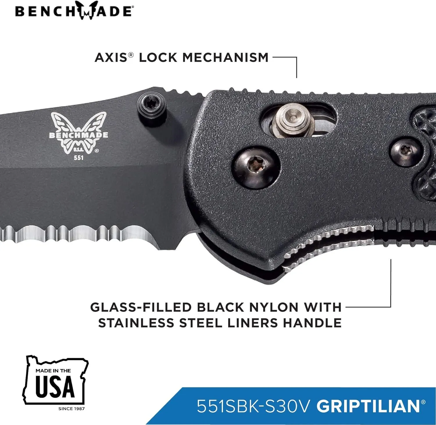Benchmade - Griptilian 551SBK-S30V EDC Knife with Black Handle (551SBK-S30V)