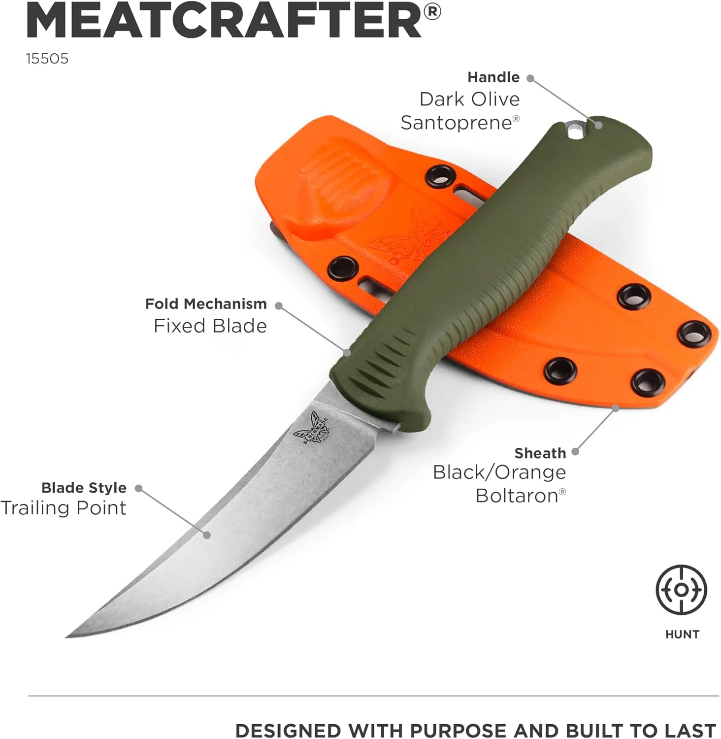 Benchmade - Meatcrafter 15500 4" Hunting and Cutlery Knife with Dark Olive Santoprene Handle (15505)