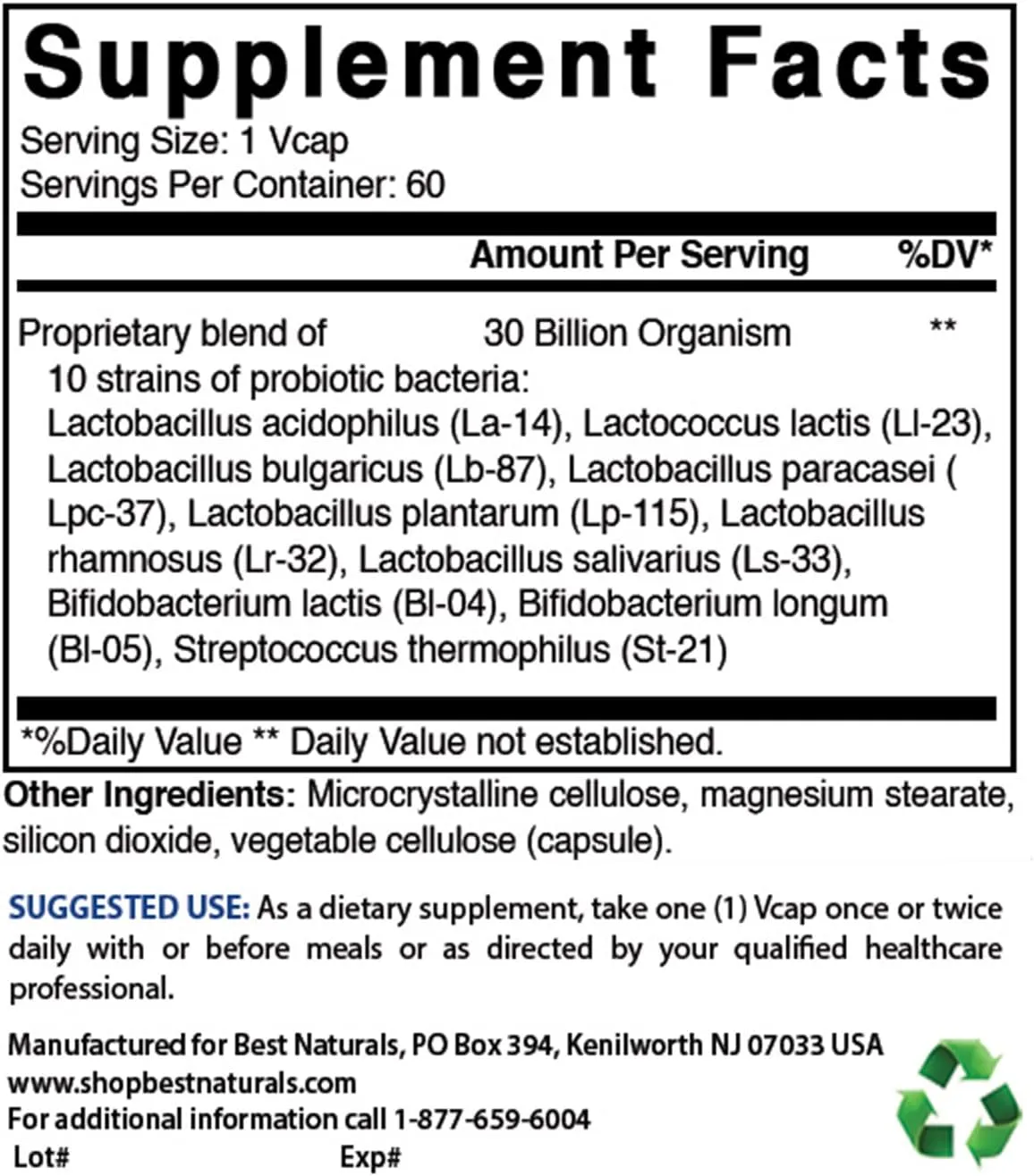 Best Naturals Probiotic 10 Strains & 30 Billion CFU Intestinal Flora, 60 Veggie Capsules (60 Count (Pack of 3))