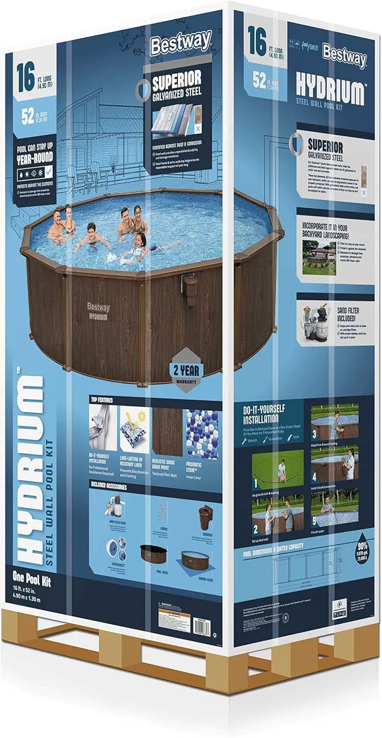 Bestway Hydrium Galvanized Steel Wall Above Ground Pool Set 16' x 52" | Semi-Permanent, Year-Round Swimming Pool | Includes Sand Filter, Skimmer, Ladder, Ground Cloth, Cover
