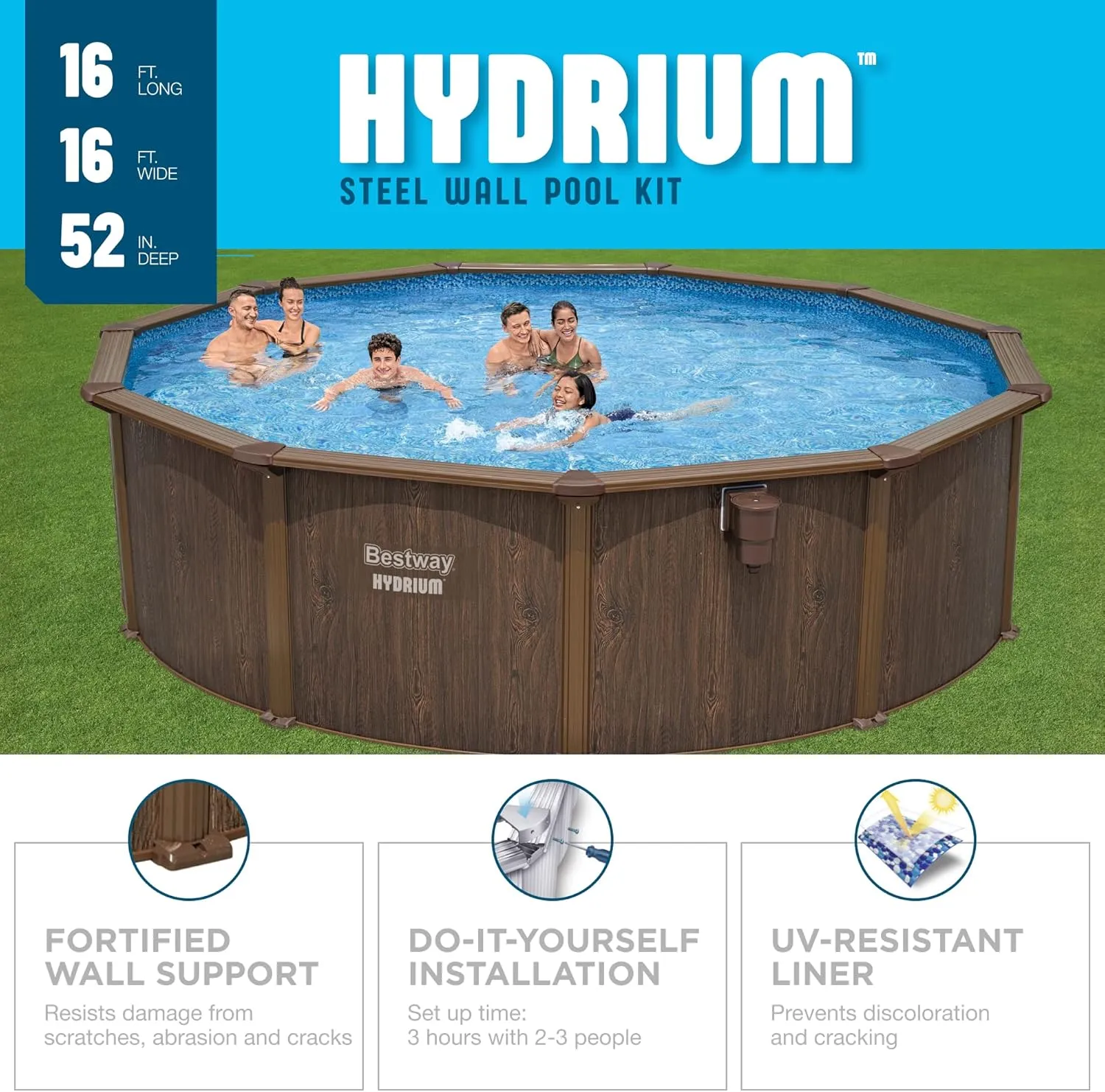 Bestway Hydrium Galvanized Steel Wall Above Ground Pool Set 16' x 52" | Semi-Permanent, Year-Round Swimming Pool | Includes Sand Filter, Skimmer, Ladder, Ground Cloth, Cover