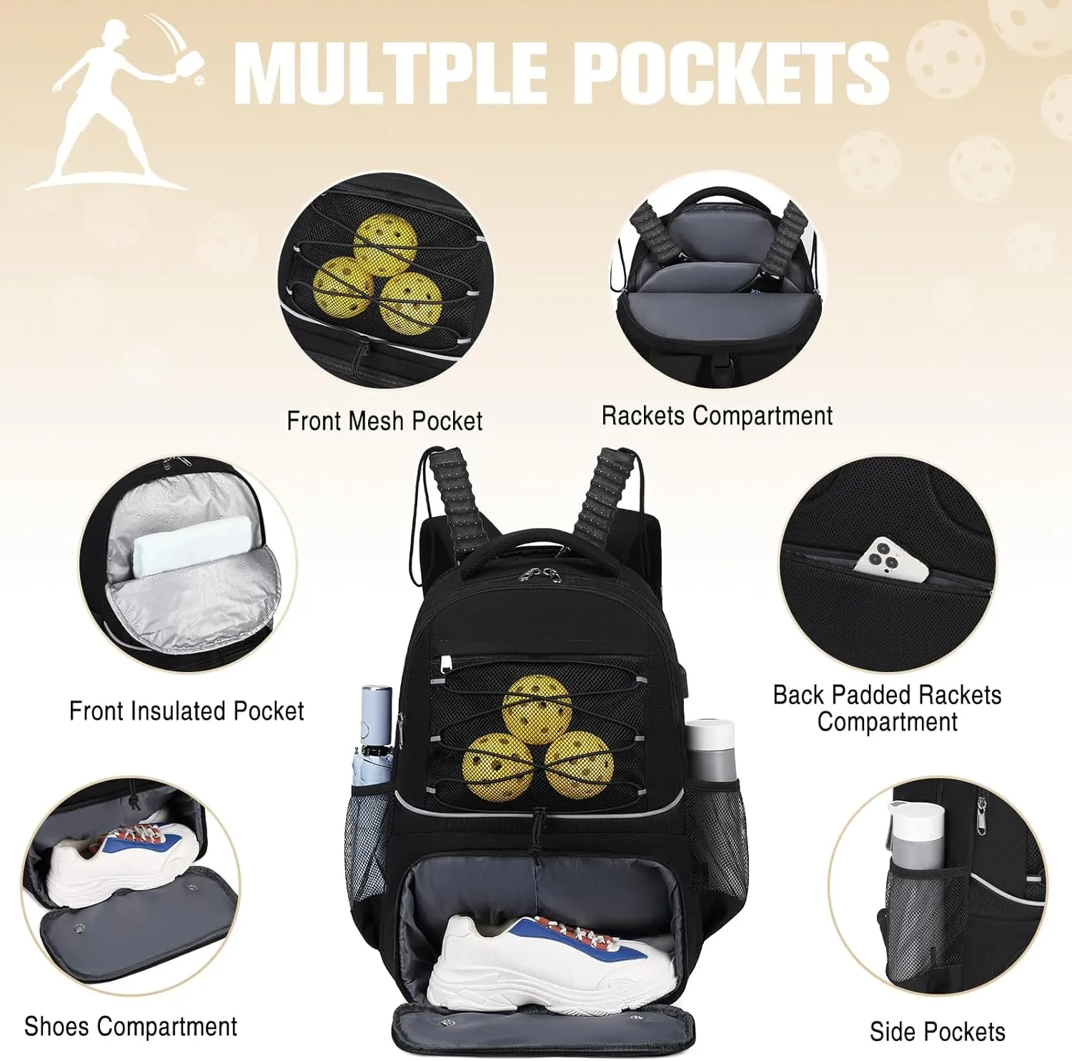 Bevalsa Pickleball Bag for Women Men Teens, Tennis Bag with Shoe Compartment, Multifunctional Sports Padel Racket Bag Badminton Backpack Fits 4 Rackets with Fence Hook