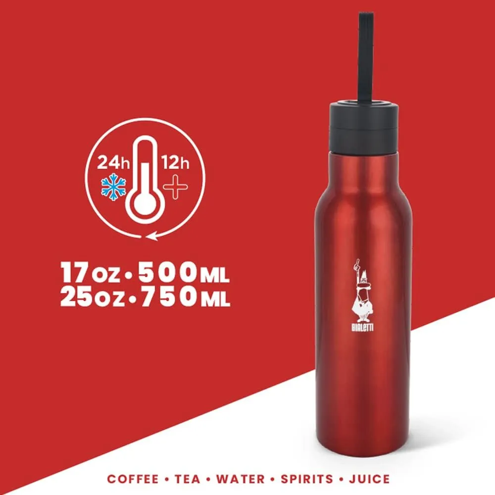Bialetti - Stainless-steel Water Bottle 25oz: Double-Layered Vacuum Insulated, Keeps Drink Cold for 24 Hours and Hot for 12 Hours, Red