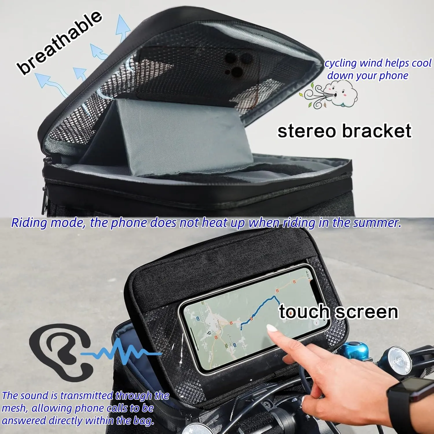 Bike Basket front Bag, Bicycle Insulated Handlebar Bag with Touch Screen Phone Holder Frame Tube Bag 5L Storage Bag Keep Cooling with Mesh Pockets for Riding Picnic Camping