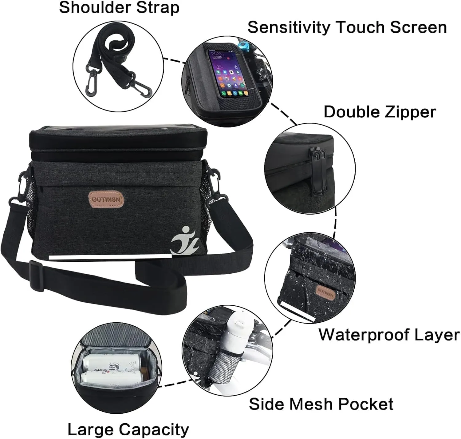 Bike Basket front Bag, Bicycle Insulated Handlebar Bag with Touch Screen Phone Holder Frame Tube Bag 5L Storage Bag Keep Cooling with Mesh Pockets for Riding Picnic Camping