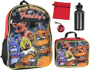 Bioworld Five Nights At Freddy's 16" Backpack Lunch Box Water Bottle Lunch Kit -5 Piece Set