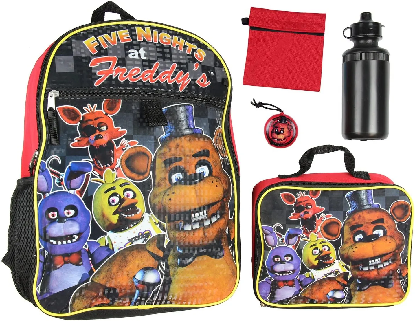 Bioworld Five Nights At Freddy's 16" Backpack Lunch Box Water Bottle Lunch Kit -5 Piece Set