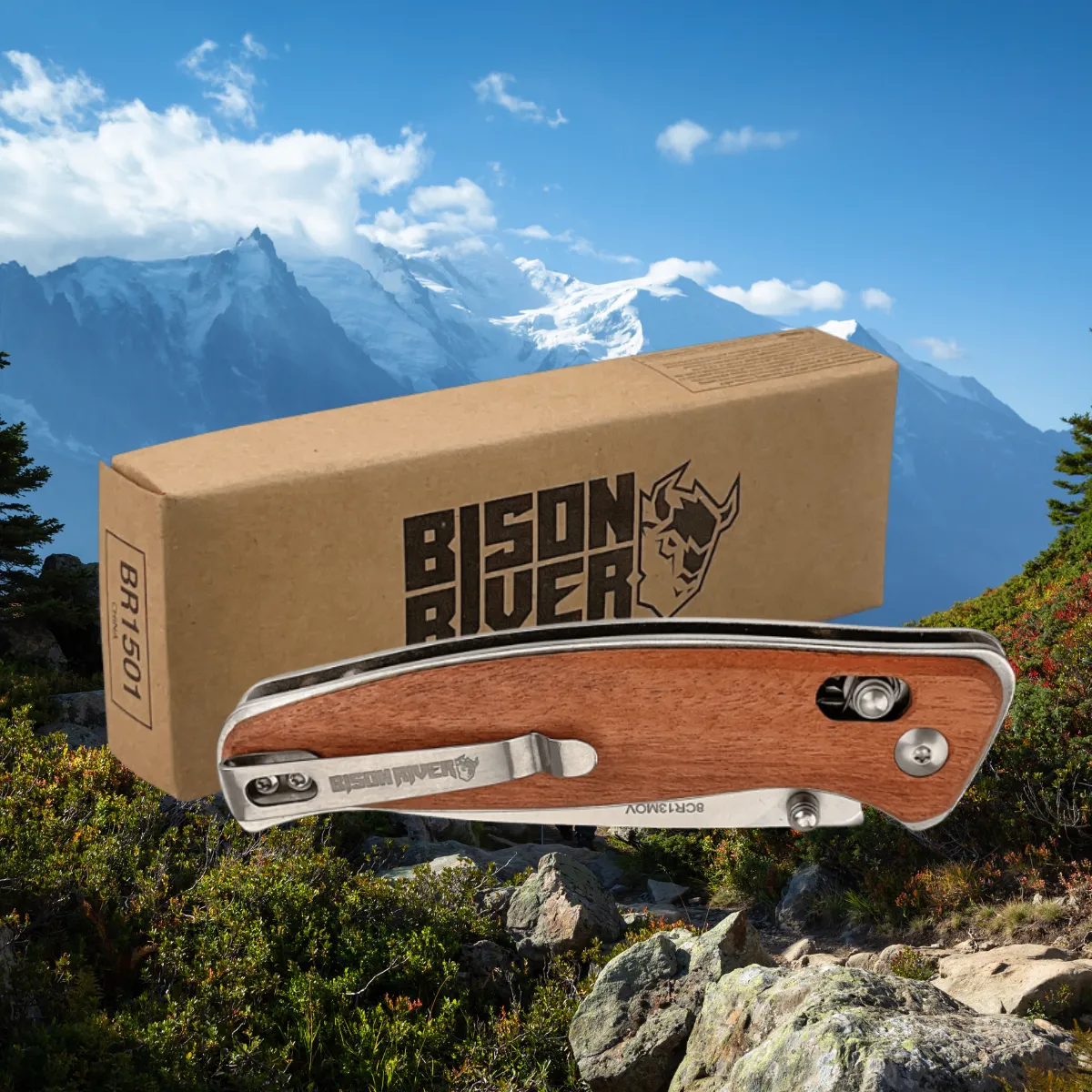 Bison River Folding Knife Wood with Button Lock
