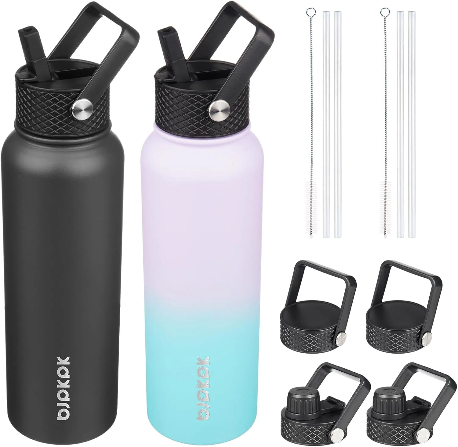 BJPKPK 2 Pack Insulated Water Bottles with Straw Lids, 40oz Stainless Steel Metal Water Bottle with 6 Lids, Leak Proof BPA Free Thermos, Cups, Flasks for Travel, Sports (Oasis Black)
