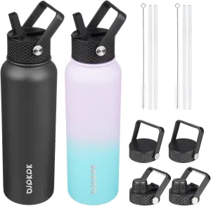 BJPKPK 2 Pack Insulated Water Bottles with Straw Lids, 40oz Stainless Steel Metal Water Bottle with 6 Lids, Leak Proof BPA Free Thermos, Cups, Flasks for Travel, Sports (Oasis Black)