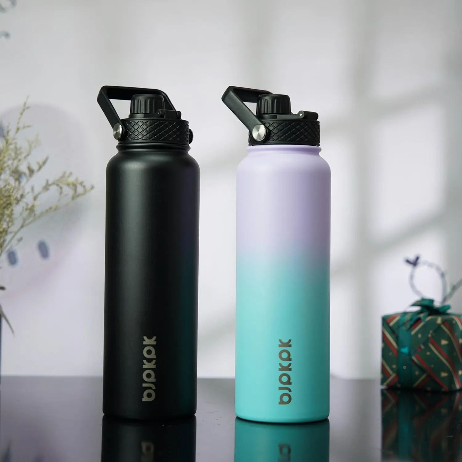 BJPKPK 2 Pack Insulated Water Bottles with Straw Lids, 40oz Stainless Steel Metal Water Bottle with 6 Lids, Leak Proof BPA Free Thermos, Cups, Flasks for Travel, Sports (Oasis Black)