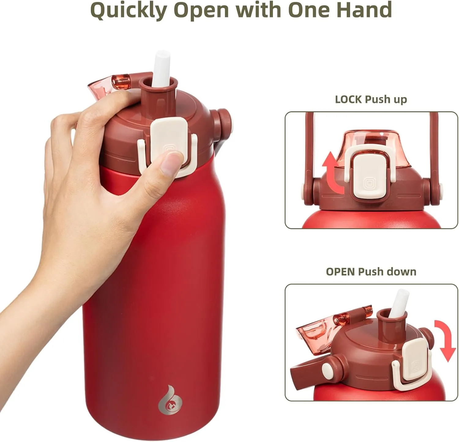 BJPKPK Insulated Water Bottles with Straw, 57 oz Sports Water Bottle with One-handed Opening Lid, BPA Free Leakproof Easy Carry Thermos, Jugs, Flasks for Gym Sports Outdoors, Red
