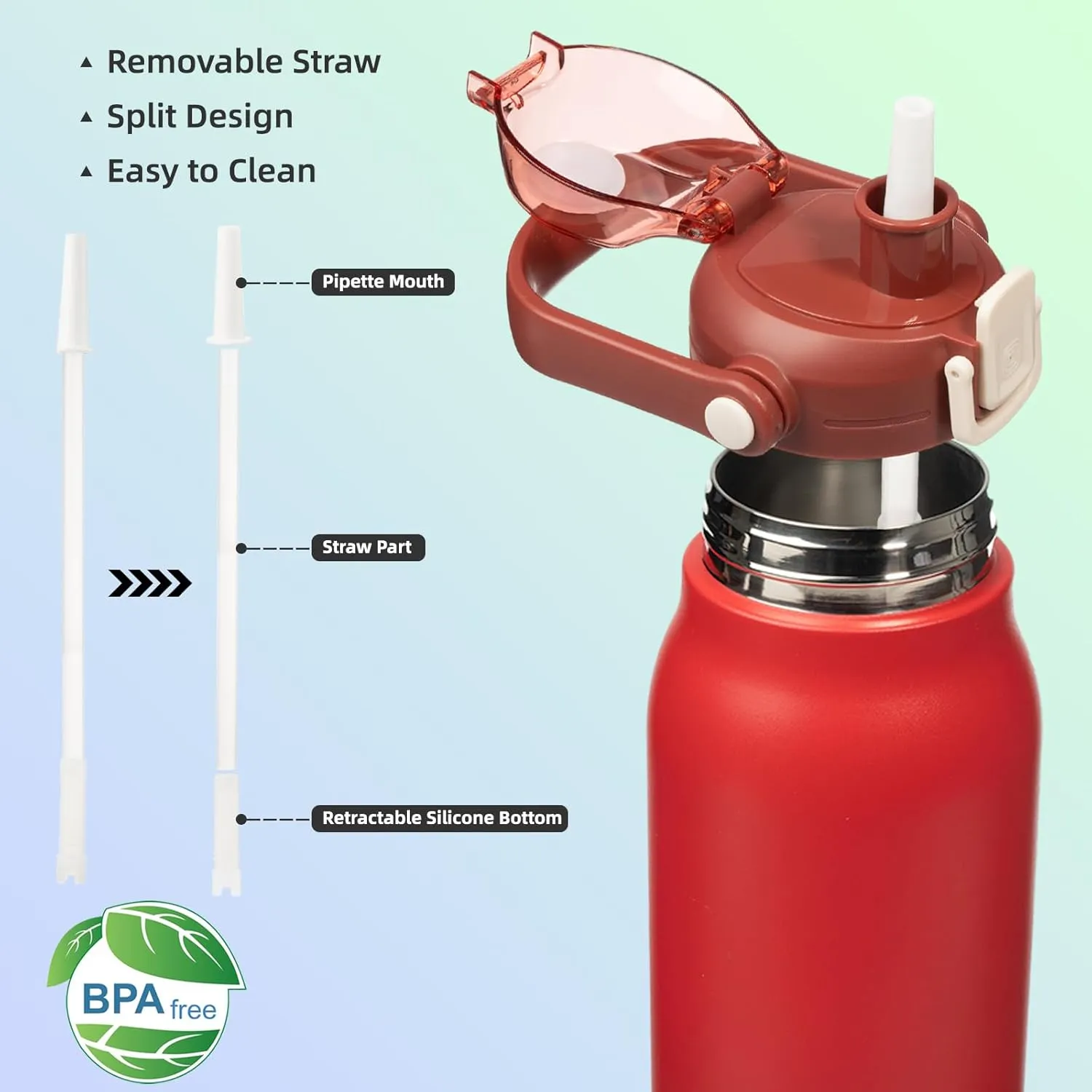 BJPKPK Insulated Water Bottles with Straw, 57 oz Sports Water Bottle with One-handed Opening Lid, BPA Free Leakproof Easy Carry Thermos, Jugs, Flasks for Gym Sports Outdoors, Red