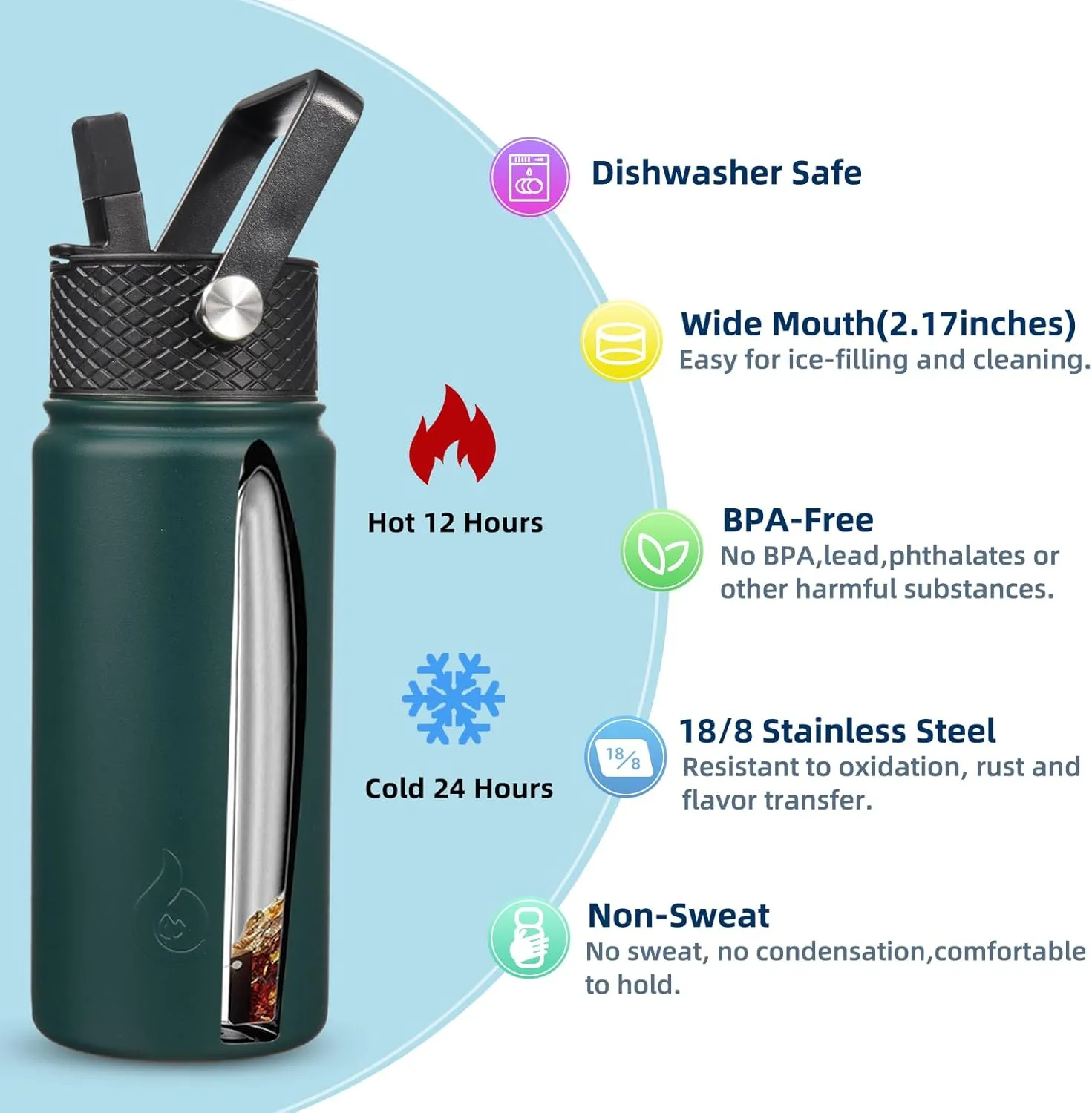 BJPKPK Insulated Water Bottles with Straw Lid, 18oz Stainless Steel Metal Water Bottle, Cold Hot Thermos with 3 Lids, Leak Proof BPA Free Travel Cup, Wide Mouth Flasks, Thermos-Army Green