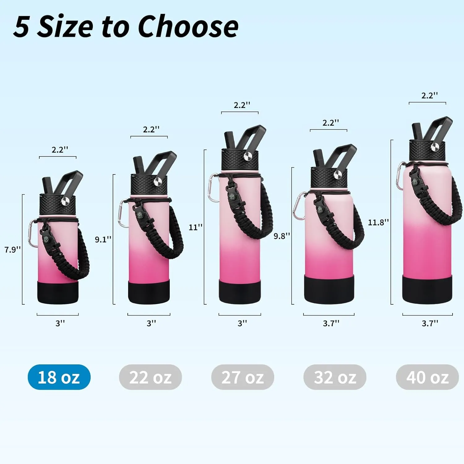 BJPKPK Water Bottle with Straw Lid, 18oz Insulated Water Bottles with 3 Lids, Paracord Handle & Non-slip Boot, Metal Stainless Steel Thermos, BPA Free Leak Proof Cups, Tumblers,Cherry