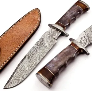 BK-3017 Handmade Damascus Steel 13 inches Hunting Knife – Buffalo Horn Handle With Leather Sheath, Great Knife For Hunting, Hiking Camping Gifts and Collection