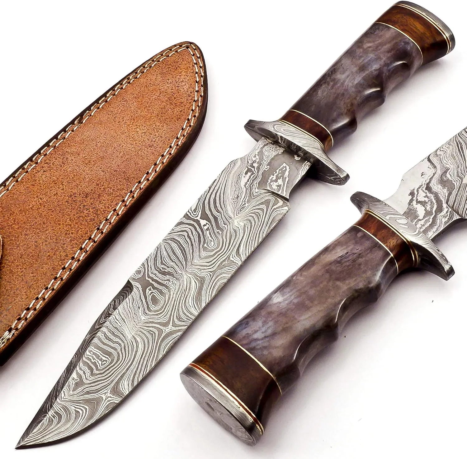 BK-3017 Handmade Damascus Steel 13 inches Hunting Knife – Buffalo Horn Handle With Leather Sheath, Great Knife For Hunting, Hiking Camping Gifts and Collection