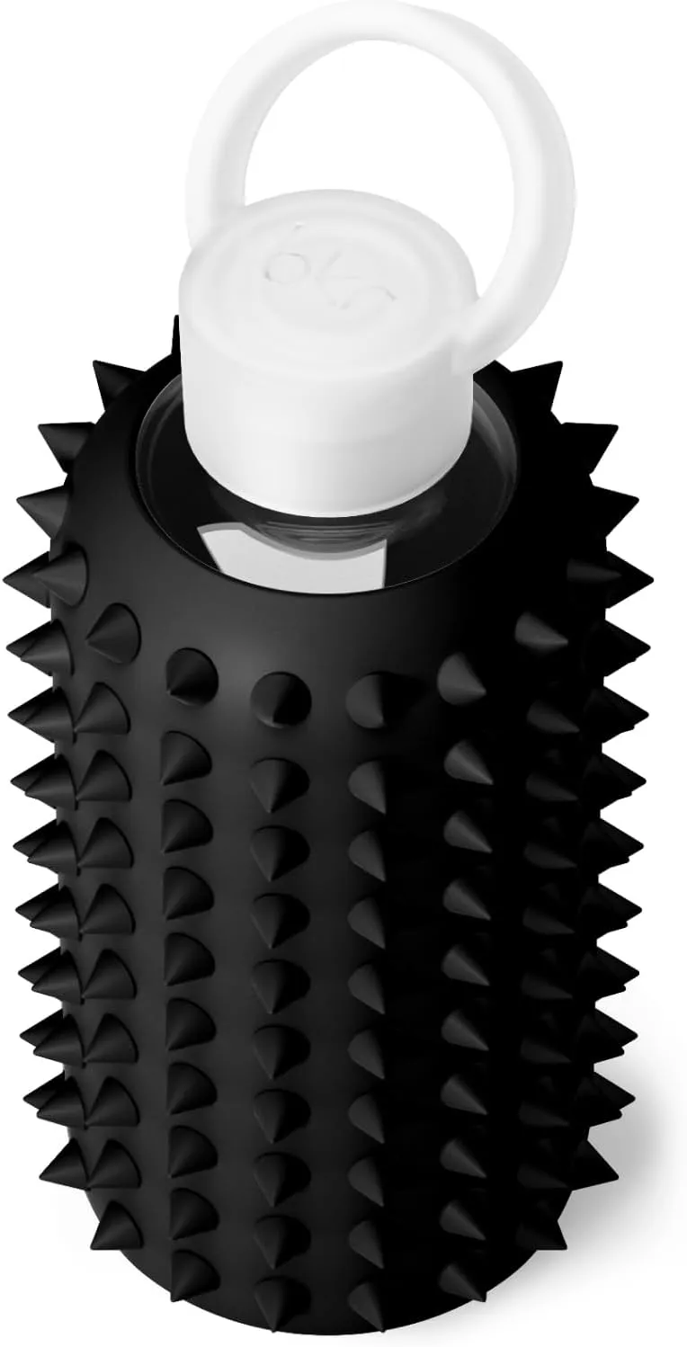 bkr - Little Spiked - 16oz - Reusable Glass Water Bottle - Leakproof, Workout Friendly, Carrying Loop - Dishwasher Safe - Removable Silicone Sleeve - BPA Free, Lead-Safe - Jet