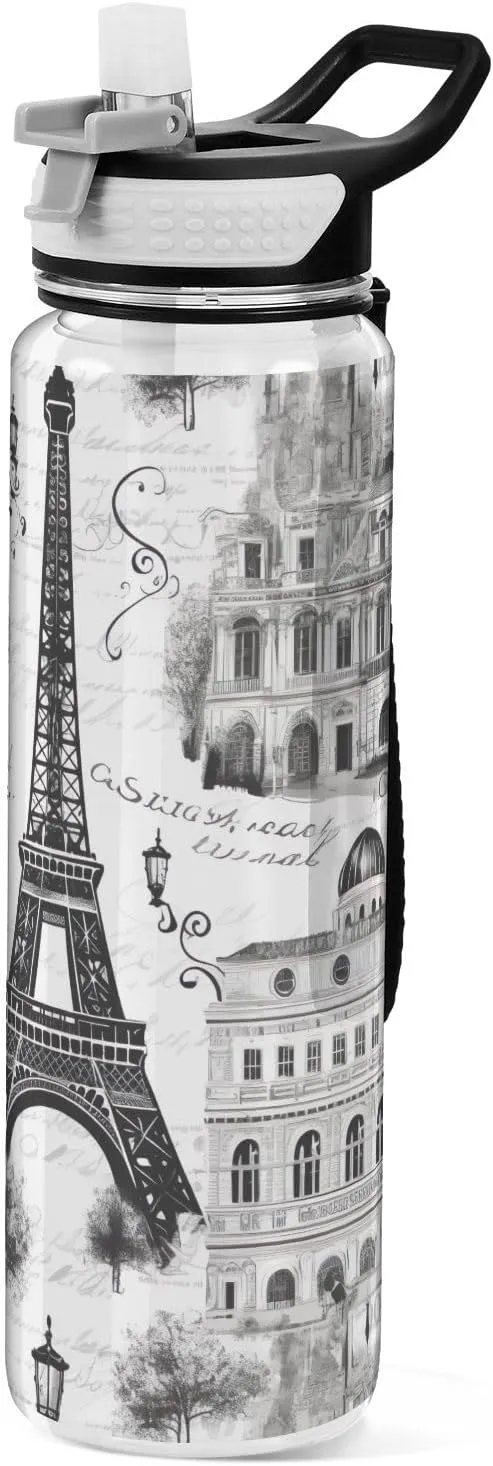 Black & White Paris Tower Sports Water Bottle - Large capacity Transparent Water Bottle Indoor Outdoor Bottle Food Grade Silicone Portable Straw Water Bottle for All Ages - BPA Free 32oz
