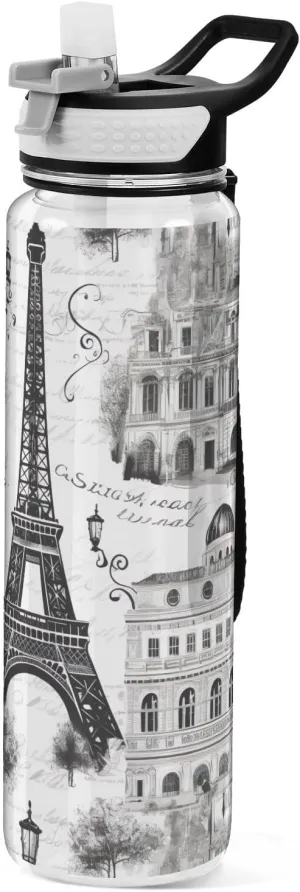 Black & White Paris Tower Sports Water Bottle - Large capacity Transparent Water Bottle Indoor Outdoor Bottle Food Grade Silicone Portable Straw Water Bottle for All Ages - BPA Free 32oz
