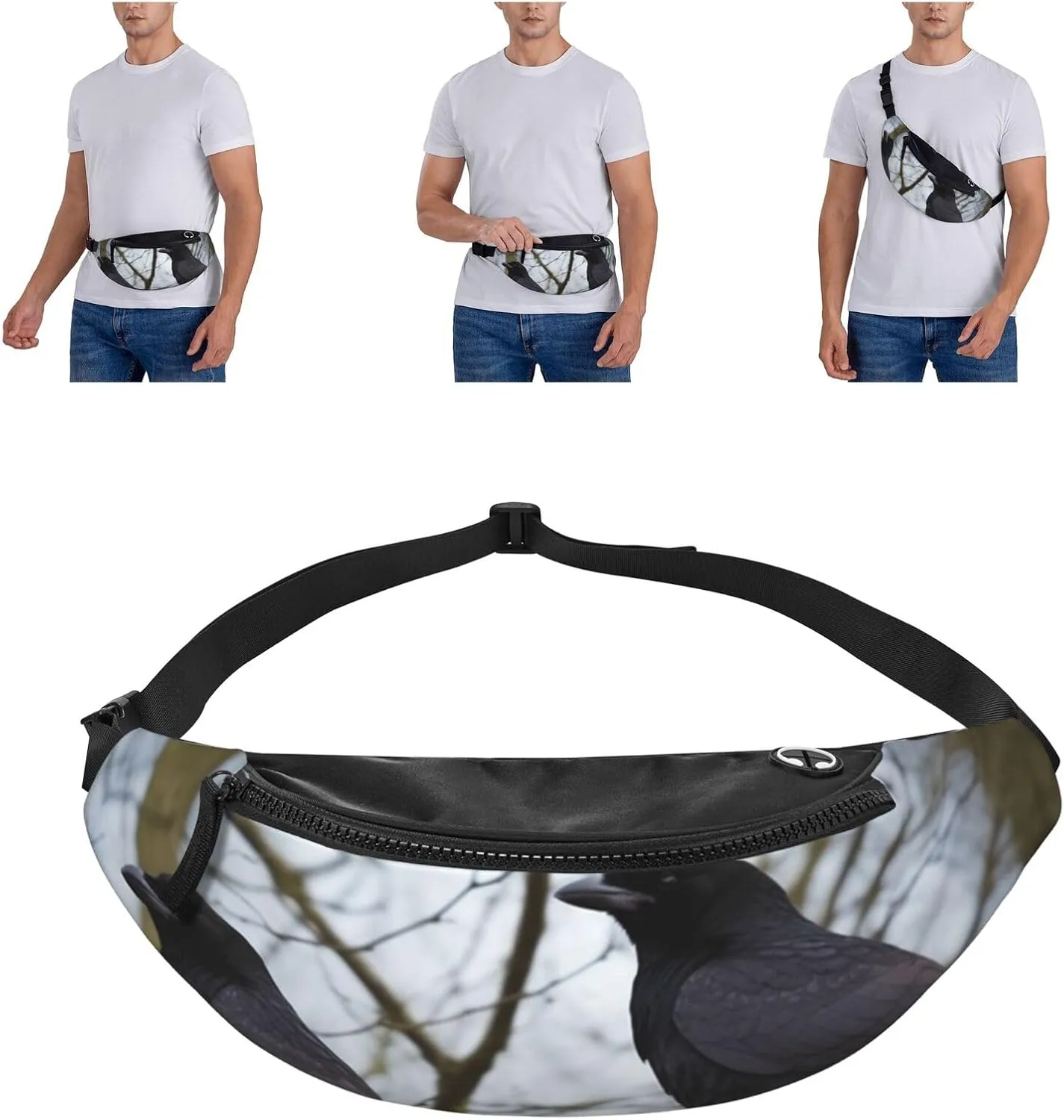 Black Crow Birds Fanny Pack for Man Women Waist Bag Adjustable Belt Casual Chest Bag Bum Bags for Travel Sports Running Hiking Waist Packs